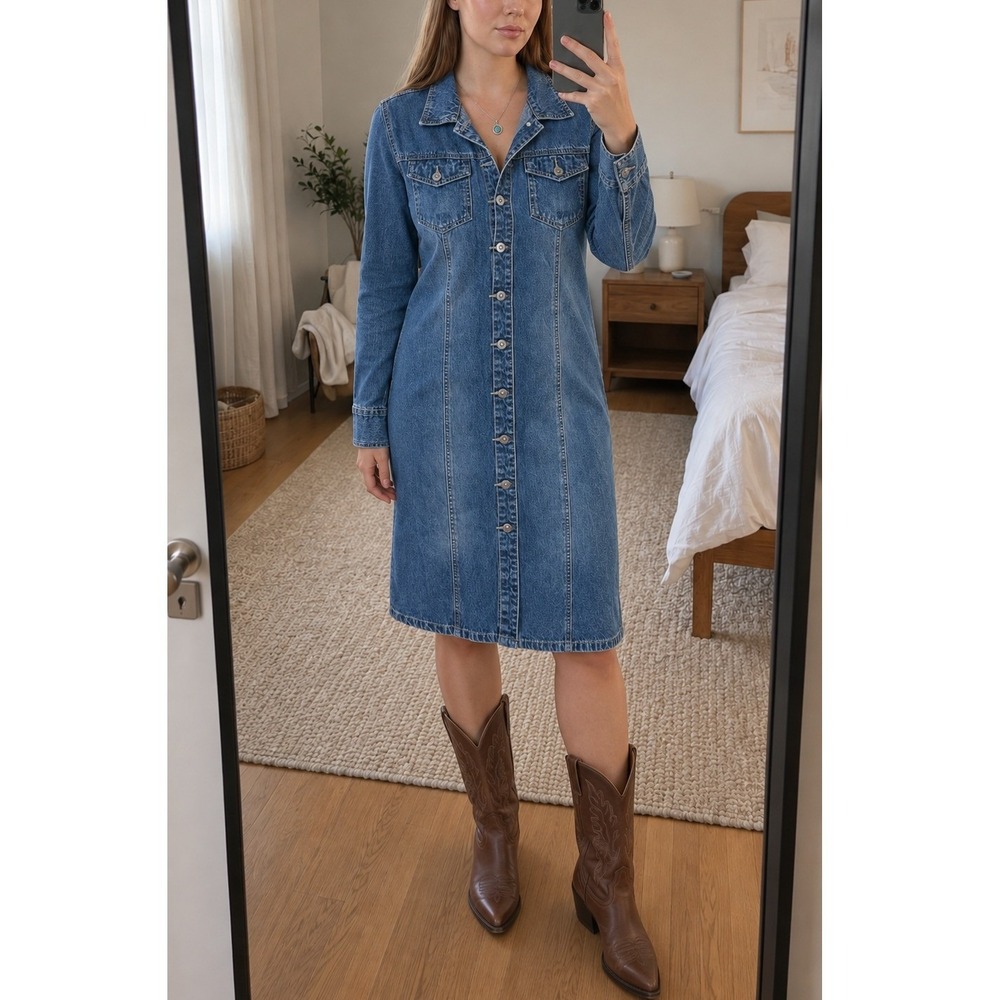 Vintage Womens Denim Dress Large Blue Button Front Long Sleeve Western Boho 90s